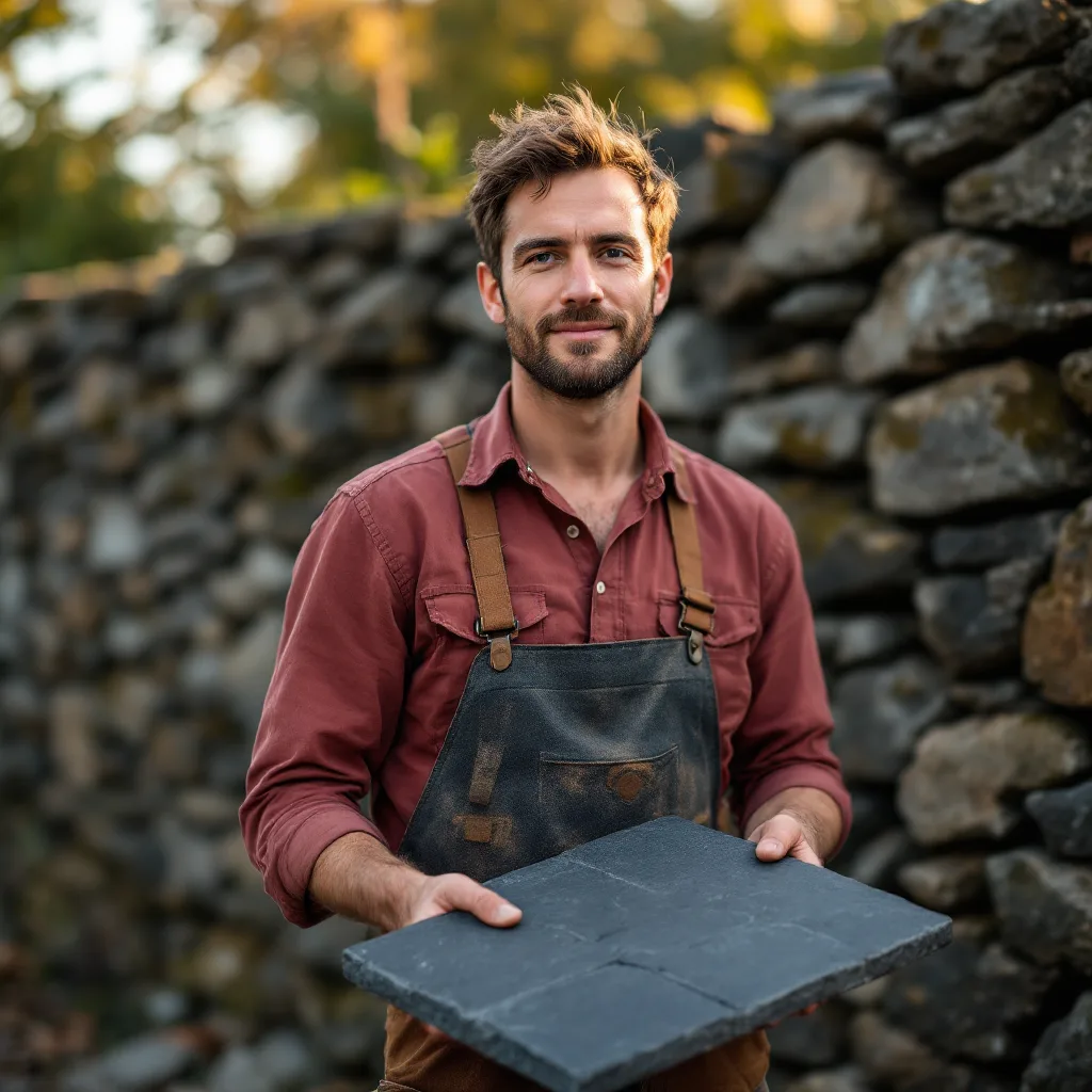 Miller Ovsak, hardscape builder, beside a dry-stack stone wall