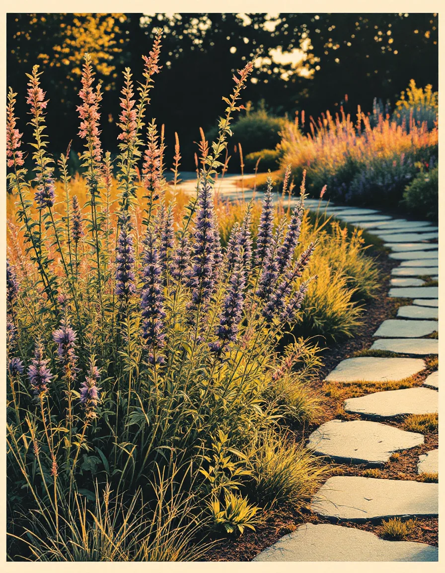 Native perennial border along a slate path in evening light