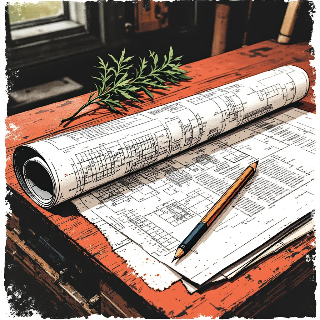 A rolled garden site plan with a pencil