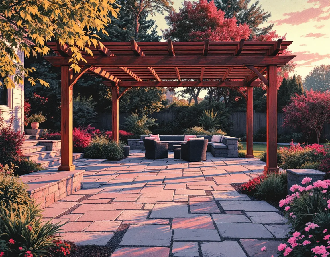 Cleft slate patio and low retaining wall under a pergola